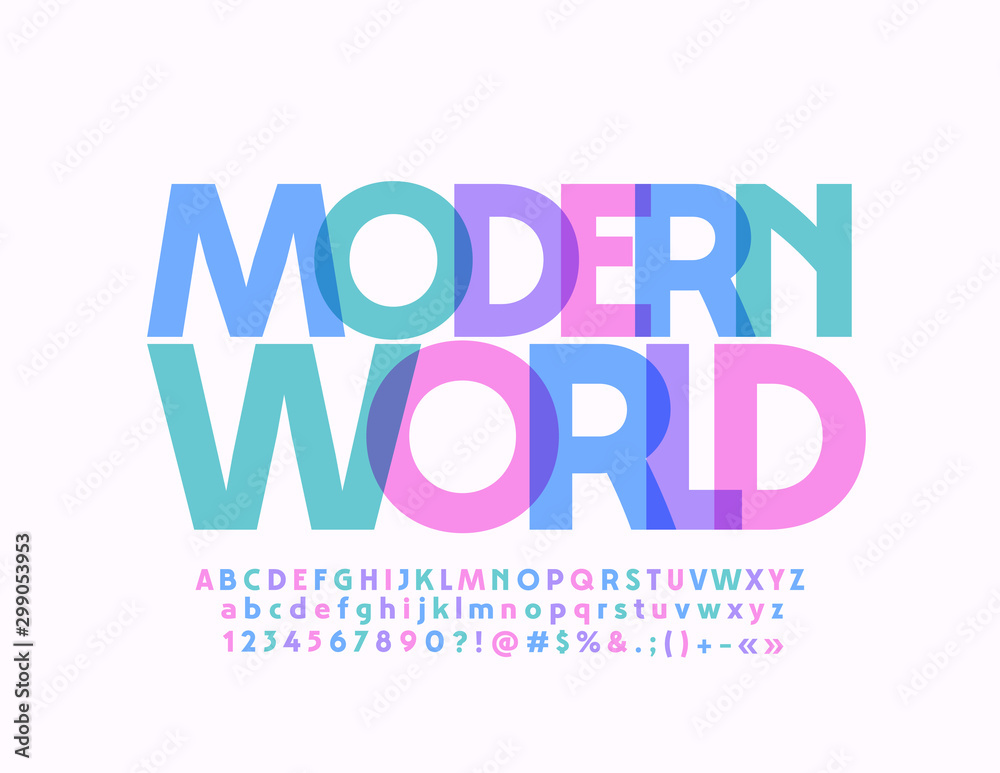 Vector bright Sign Modern World. Transparent color Font. Trendy Alphabet Letters, Numbers and Symbols