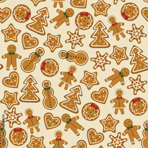 Christmas seamless pattern with gingerbreads on beige background