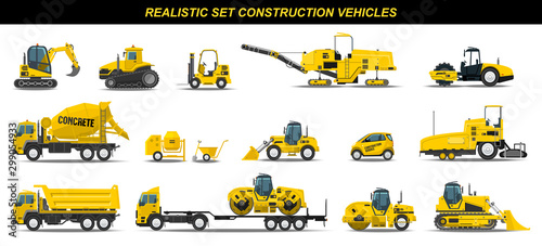 Realistic set construction vehicles. Building banner. Everything for construction.