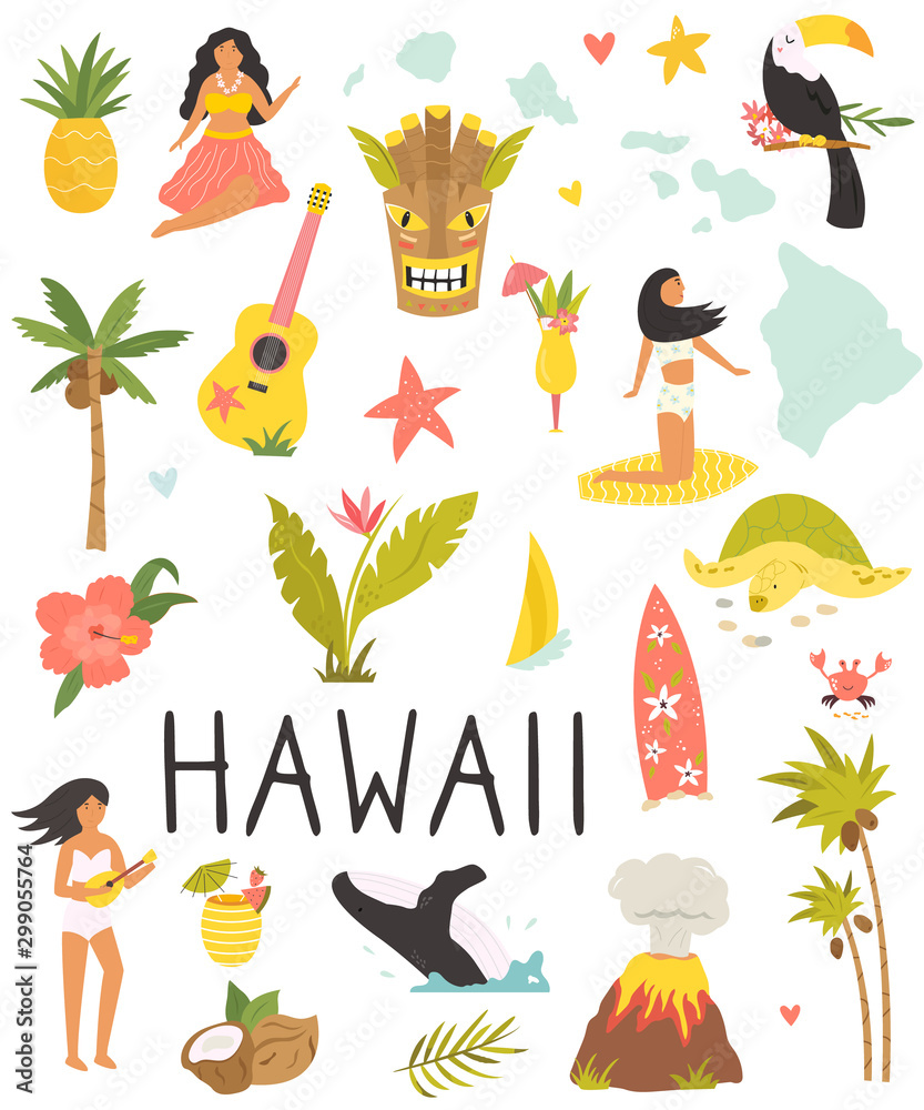 Set of colorful symbols, landmarks of Hawaii. Stock Vector Adobe Stock