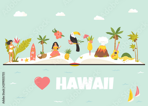 Tourist poster with famous landmarks of Hawaii.
