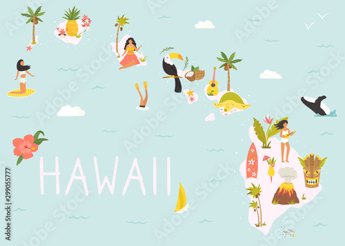 Hawaiian map with icons, characters and symbols.