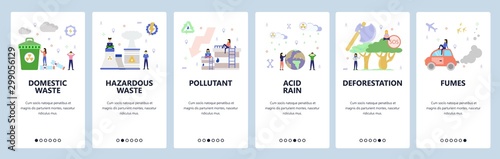Mobile app onboarding screens. Waste recycle, hazardous waste, air pollution, power plant, gas emission. Vector banner template for website and mobile development. Web site design flat illustration