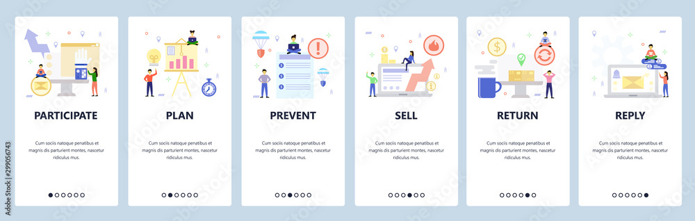 Mobile app onboarding screens. Business and office icons, financial report and presentation, check list. Menu vector banner template for website and mobile development. Web site design illustration
