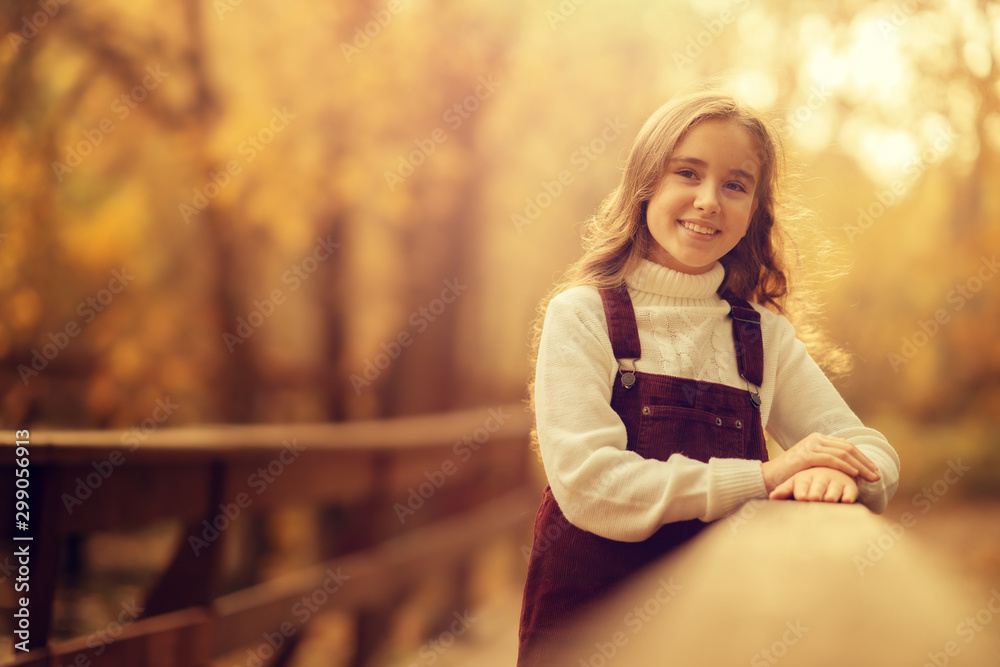 cheerful preteen girl looking at the camera standing on the bridge in the park, copy space cheerful preteen girl looking at the camera standing on the bridge in the park, copy space