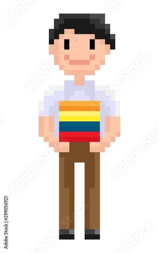 Smiling superhero holding colorful box, portrait and full length view of standing pixel character, geometric person in flat design style, pixel-art vector, pixelated 8 bit game personage