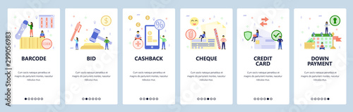 Mobile app onboarding screens. Auction bid, cashback, credit card, cheque, down payment, loan schedule. Vector banner template for website and mobile development. Web site design flat illustration