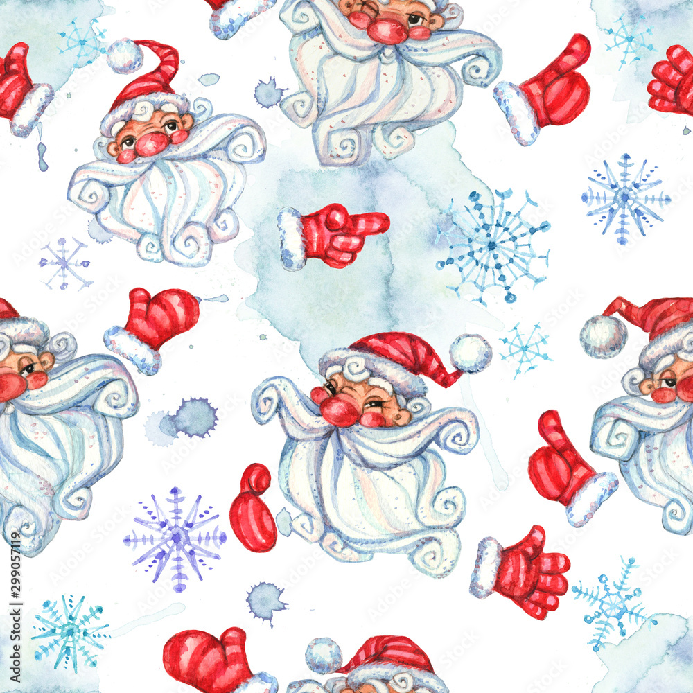 Christmas seamless pattern with merry Santa Claus. In watercolor technique Christmas seamless pattern with merry Santa Claus. In watercolor technique