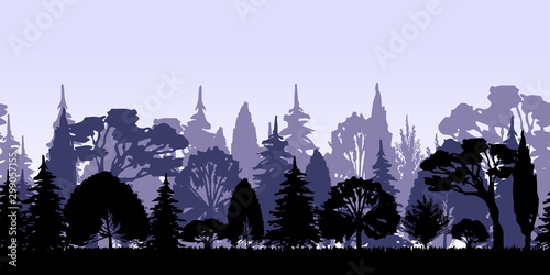 Horizontal seamless repeating illustration of forest trees landscape. Park or forest with trees of various forms of species. Black silhouette of deciduous coniferous trees on a blue sky background.