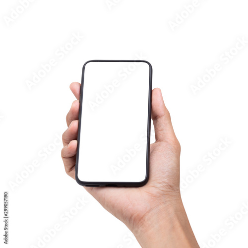 Hand man holding mobile smartphone with blank screen isolated on white background with clipping path