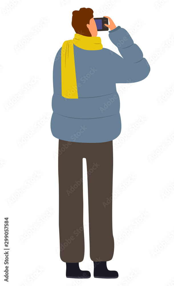 Man wearing warm clothes holding camera in hands vector. Isolated character taking photograph, professional with special device for photography. Hobby of male in jacket and scarf, leisure of person Man wearing warm clothes holding camera in hands vector. Isolated character taking photograph, professional with special device for photography. Hobby of male in jacket and scarf, leisure of person