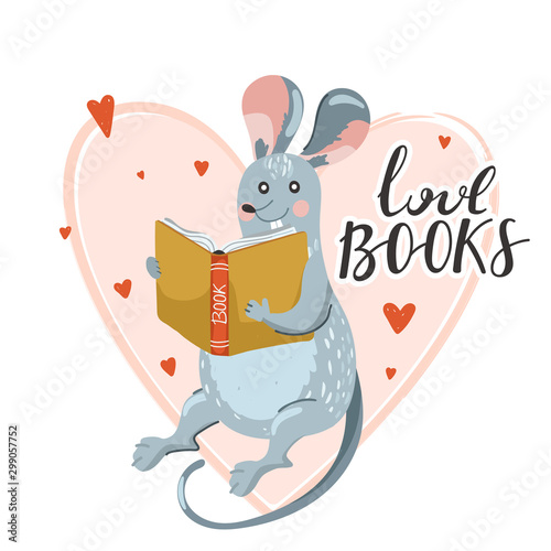 Cute rat reading book. Stylish typography slogan design "love books" sign. Heart shape composition. Vector illustration.