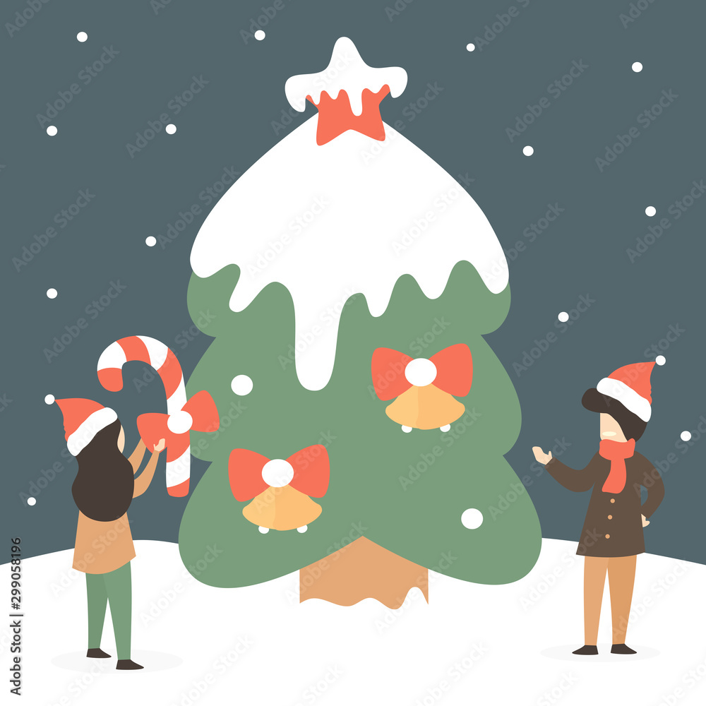 cute holidays vector illustration with happy tiny people decorate huge christmas tree in the snow cute holidays vector illustration with happy tiny people decorate huge christmas tree in the snow