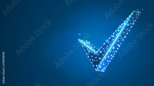 Check mark symbol. Success, business agreement, ok sign, approval concept. Abstract, digital, wireframe, low poly mesh, polygonal vector blue neon 3d illustration. Line, dot