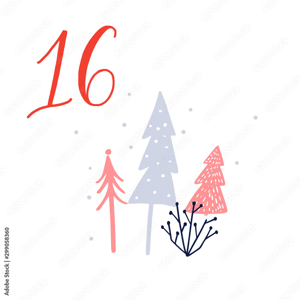 Advent calendar, day 16. Cute hand drawn illustration, large handwritten number on white background. Christmas card design. Winter forest landscape. minimalistic illustration Advent calendar, day 16. Cute hand drawn illustration, large handwritten number on white background. Christmas card design. Winter forest landscape. minimalistic illustration