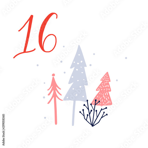 Advent calendar, day 16. Cute hand drawn illustration, large handwritten number on white background. Christmas card design. Winter forest landscape. minimalistic illustration