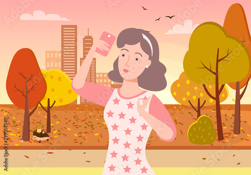 Female character taking photo in city park vector, woman holding smartphone gesturing and smiling. Positive girl with trees in autumn, fall season flat style. Lady do selfie in autumnal park