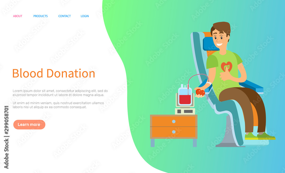 Donor sitting in armchair with needle in arm, blood donation, charity online, illness treatment, volunteer transfusing, healthcare online vector. Website or slider app, landing page flat style