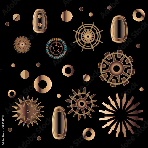 Set of bronze clock gears, nuts, rivets, arrow and washers, vector clip art in steam punk style on a black background