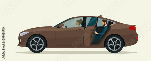 А sedan car with a driver woman, a man in the back seat with an open door. Vector flat style illustration.
