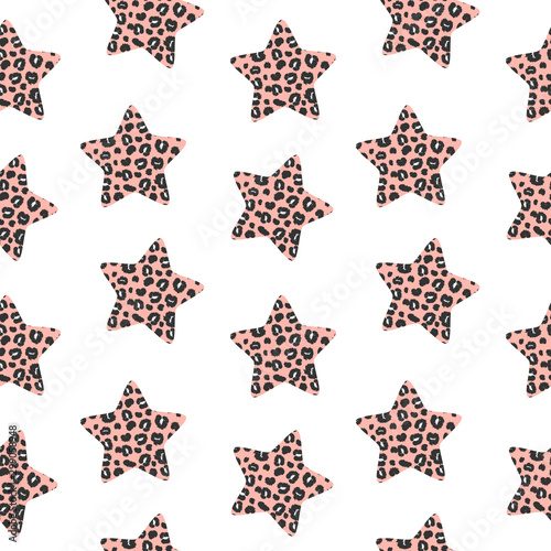 cute lovely seamless vector pattern background illustration with pink stars with animal print with leopard dots	