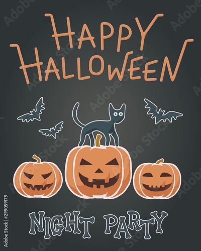 Flat vector - funny bats, cute cat, orange pumpkin