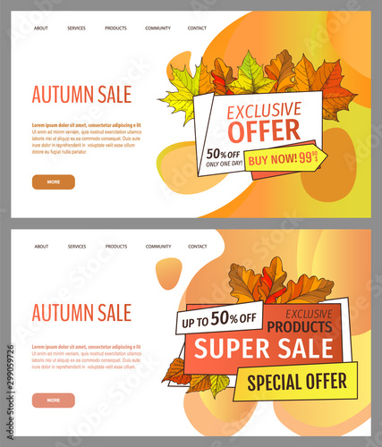 Set of cards with seasonal proposition from store, vector. Shop sale in autumn. Autumnal offer discounts. Fall leaves with gold tags. Flyer hot price and lowered cost, promotion premium quality goods