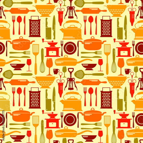 Seamless kitchen vector background with flat icons