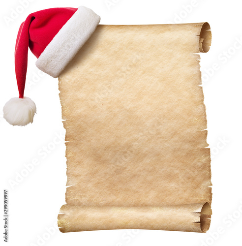 Old paper scroll and christmas hat isolated on white