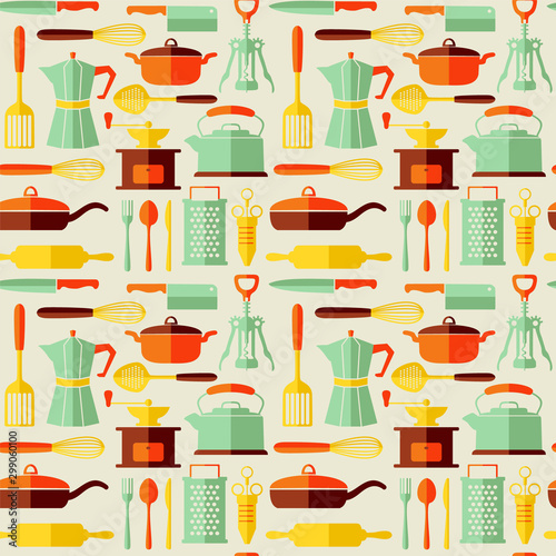 Seamless kitchen vector background with flat icons