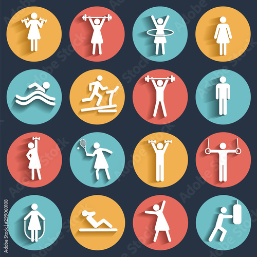 Fitness  sport vector flat icons set 