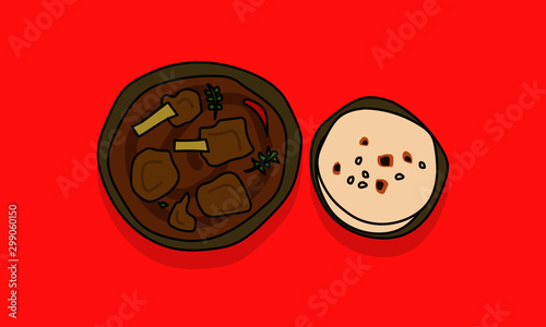 Mutton Curry and Naan Bread Vector Hand Drawn Illustration 