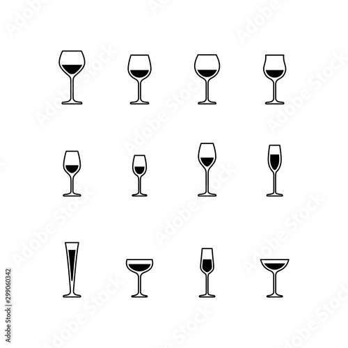 Wine and sparkling wine glasses, black and white icons. Vector