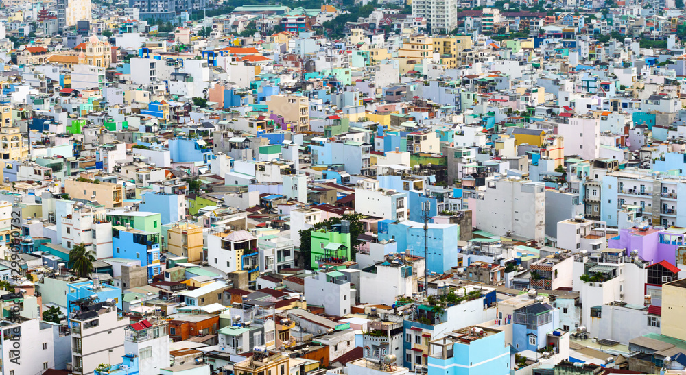 HO CHI MINH, VIETNAM - September 23 2019 : Panorama view of ho chi minh city from District 4 with development buildings, transportation. Vietnam is the fastest-growing of the world.