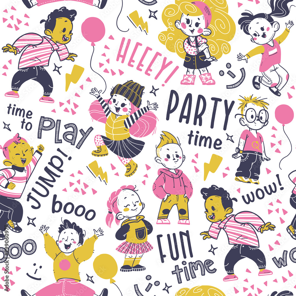 Seamless pattern design, hand drawn multiethnic happy kids smiling, jumping isolated and lettering. Kids zone banner, packaging paper, party card invitation, gift decor. Hand drawn vector illustration