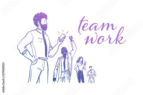 Business team work success concept. Office people, multiethnic group stand together celebrating. Collaboration and partnership. Mobile service. Hand drawn sketch style. Vector illustration.