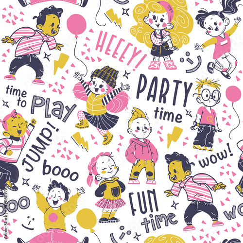 Seamless pattern design  hand drawn multiethnic happy kids smiling  jumping isolated and lettering. Kids zone banner  packaging paper  party card invitation  gift decor. Hand drawn vector illustration