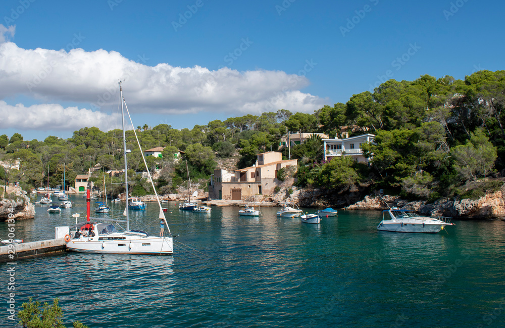 Cala Figuera Majorca, view of this natural  traditional village which retains an atmosphere of a working fishing port. White-painted houses are perched on the hillside close to the water.