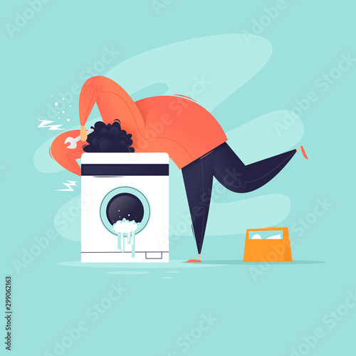 Washing machine broke. Master fixes. Flat design vector illustration.