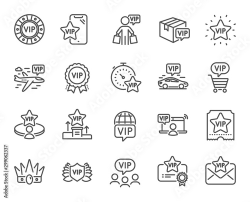 Vip line icons. Casino chips, very important person, delivery parcel. Certificate, player table, vip buyer icons. Crown, casino ticket, business class flight. Membership privilege. Vector
