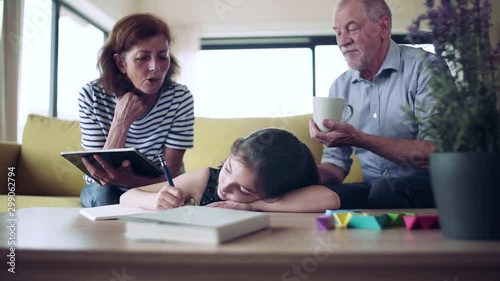 Small girl with senior grandparents indoors sitting on sofa, leisure time. photo