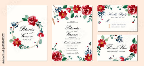 wedding invitation set with beautiful red floral watercolor background