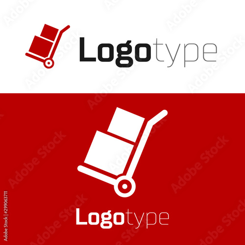 Red Hand truck and boxes icon isolated on white background. Dolly symbol. Logo design template element. Vector Illustration