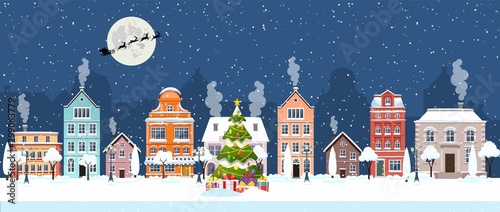 happy new year and merry Christmas winter old town street. christmas town city panorama. Santa Claus with deers in sky above the city. Vector illustration in flat style