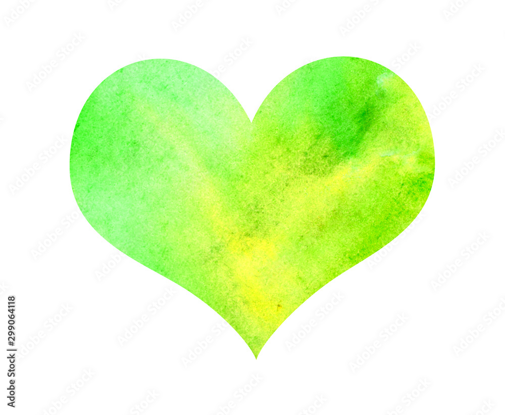 Multicolored hand drawn watercolor white, yellow, green sweet heart isolated on white background. Gradient textured brush element for Valentine's Day card, T-shirt design, illustration
