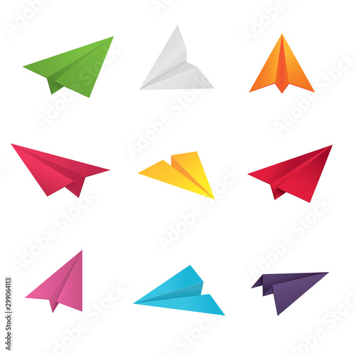 Modern vector illustration  of paper plane. Origami aircraft. Business set for mail and message. Colourful and white