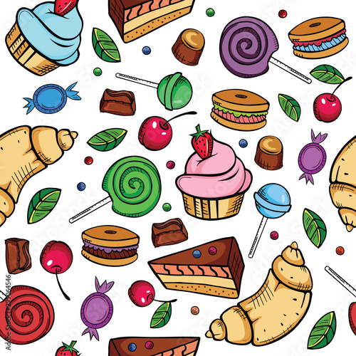 Sweet candies seamless pattern on white background. Sweets and candies set. Doodle style.