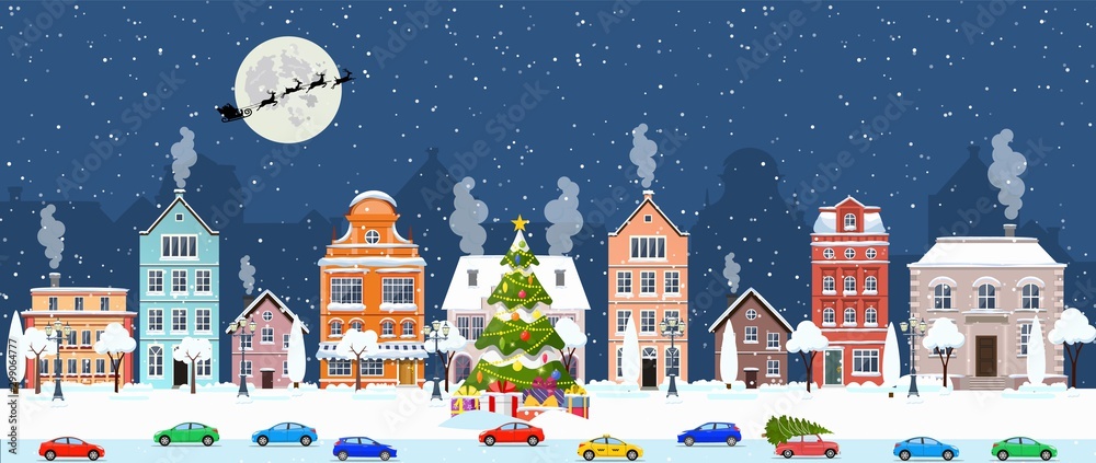 Fototapeta Santa Claus with deers in sky above the town. Winter old town street. Merry Christmas and Happy New Year greeting card. Vector illustration in flat style