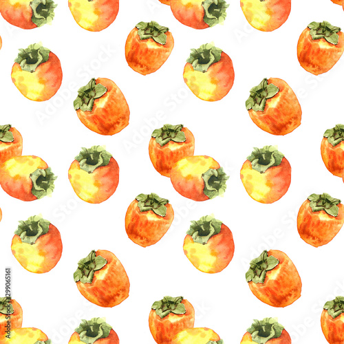 Watercolor hand painted persimmon fruit and slice illustration seamless pattern
