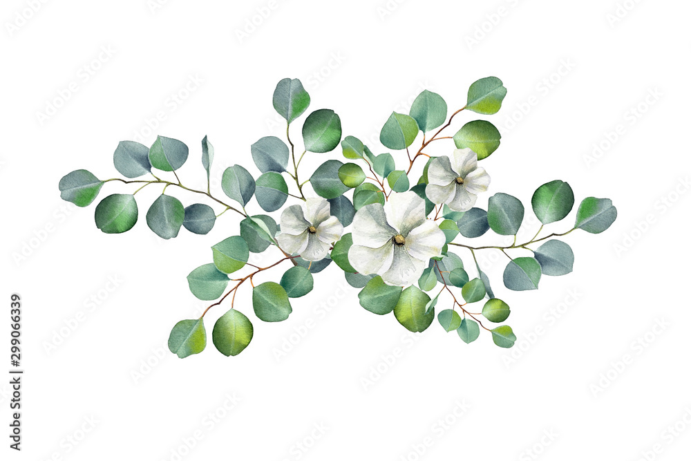 Watercolor floral illustration with eucalyptus green leaves and branch ...